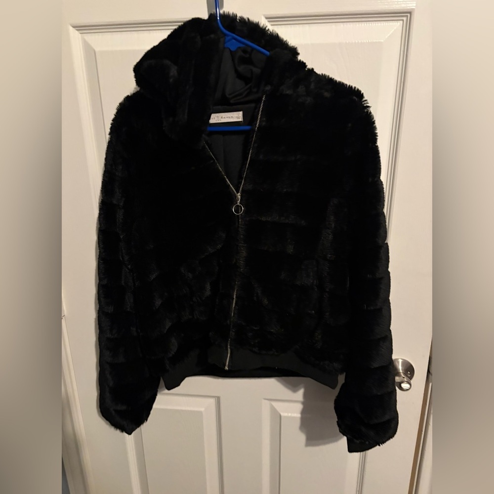 13- Women's Black Faux Fur Teddy Jacket with Hood